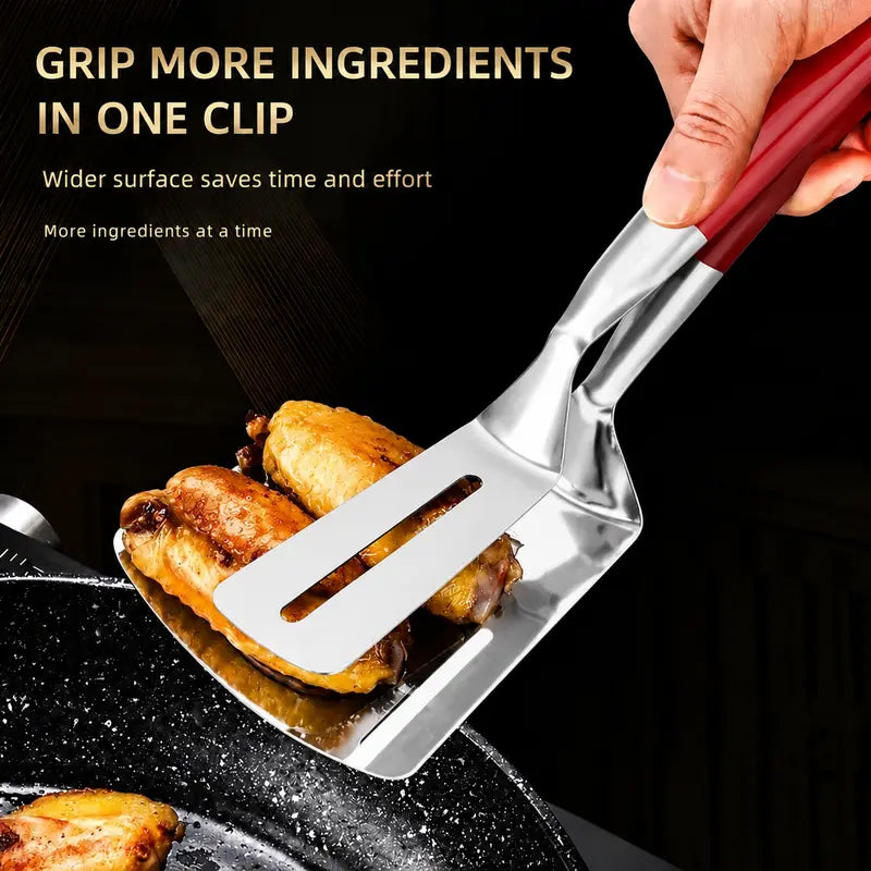 Multi-Functional Stainless Steel Steak Spatula Clamp, Kitchen Cooking Tongs for Fried Steak, Grill & Frying Pan Use