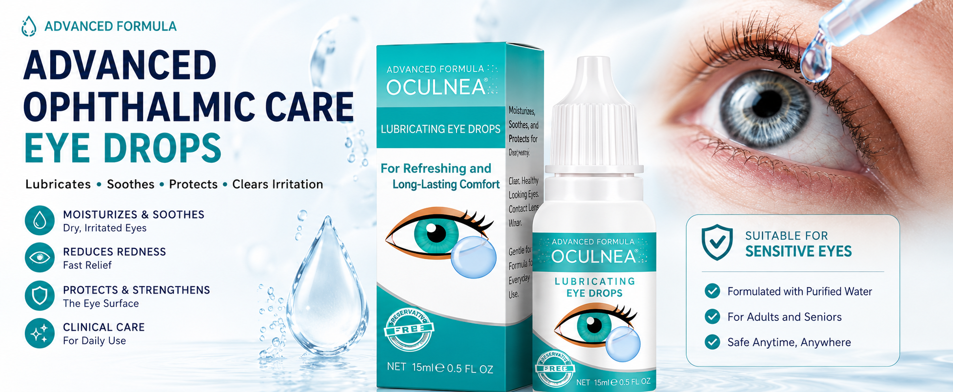 Advanced ophthalmic care eye drops formula banner