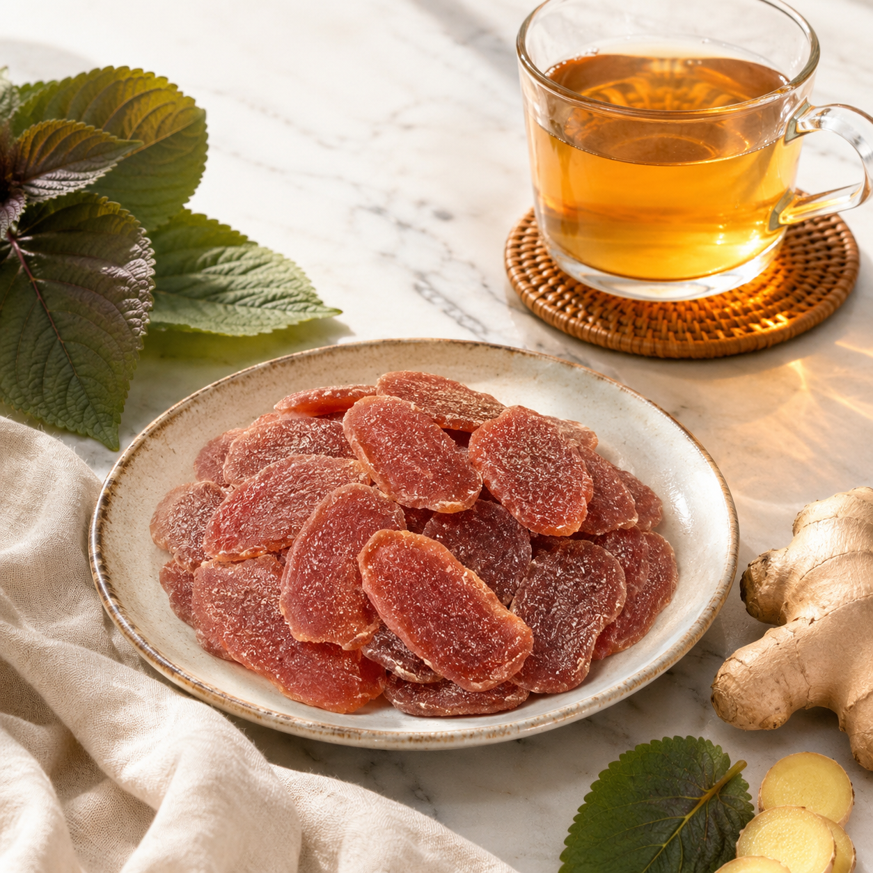 Perilla citrus ginger slices served with warm tea