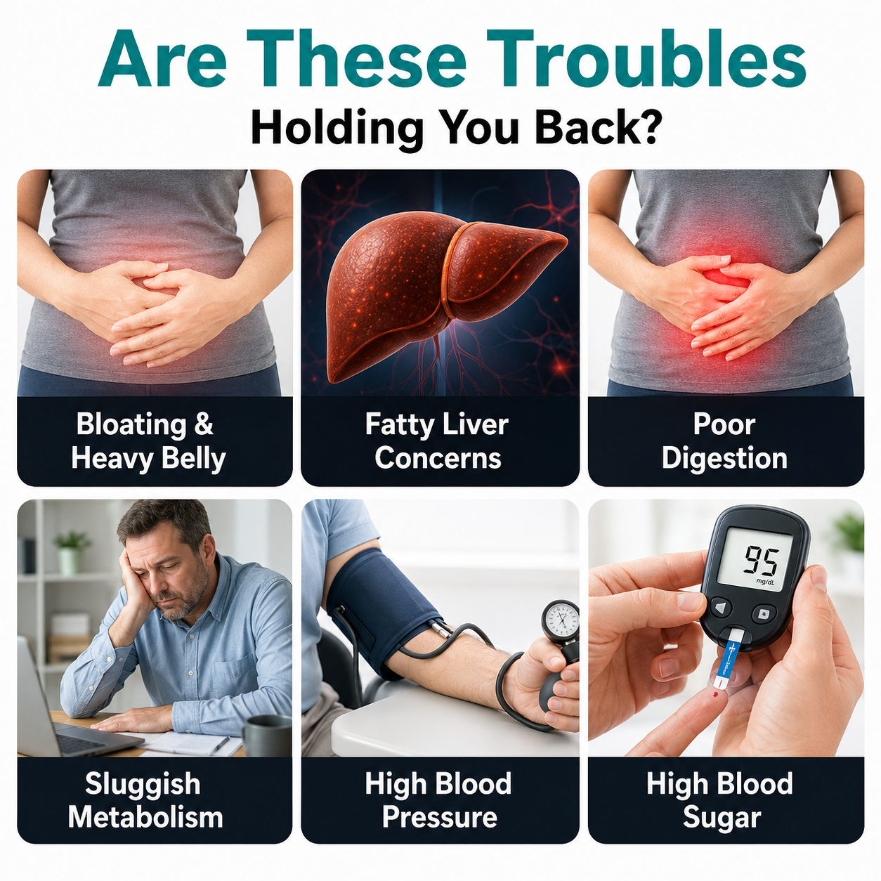 Everyday wellness concerns including heavy meals and low energy