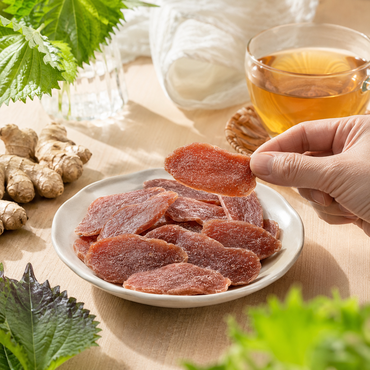 Hand selecting a perilla ginger slice